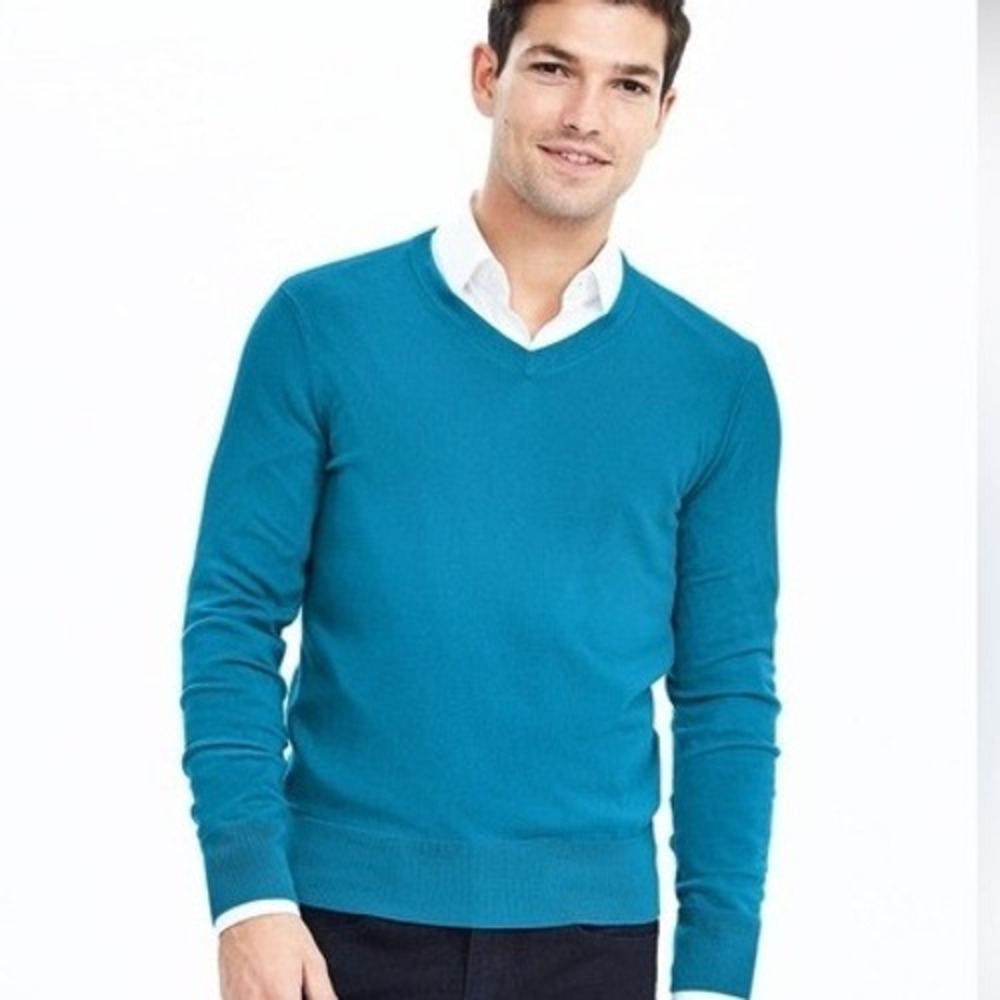 Banana‎ Republic Luxury Blend V Neck Sweater Mens XL Blue Silk Cotton Cashmere